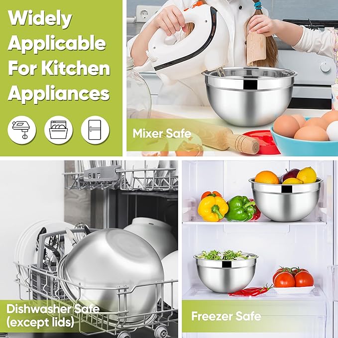 TeamFar Mixing Bowls, 4.5/3/1.5/1/0.7 QT, Stainless Steel Metal Nesting Salad Bowl with Lid Set of 5, Ideal for Prepping Serving, Healthy & Sturdy, Airtight Lid & Easy Clean, Multi-Color