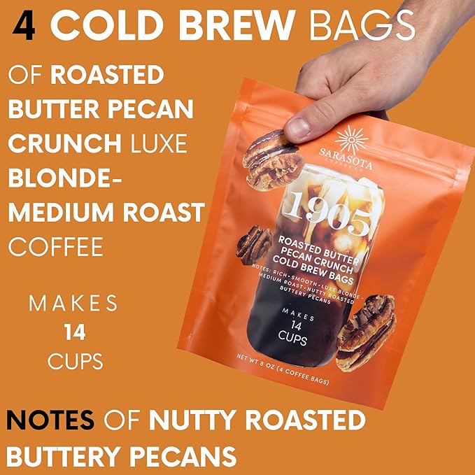 Sarasota Coffee 1905 Cold Brew Coffee Bags | Roasted Butter Pecan Crunch | Blonde-Medium Roast | Low Acid & Smooth | Ground Filter Packs | Cold Brew Kit Makes 14 Cups | Rich Nutty Notes