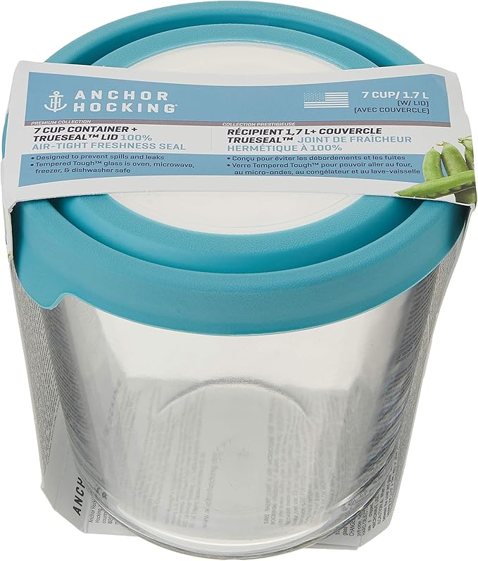 Anchor Hocking Trueseal Glass Food Storage Container with Airtight Lid, 7 Cup Tall, Mineral Blue