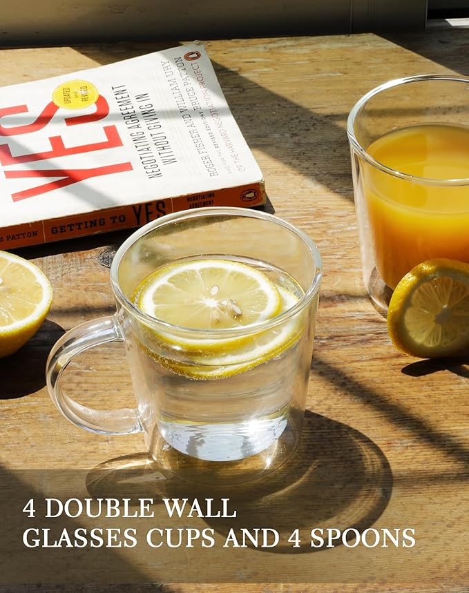LIBWYS 12oz Double Wall Glass Coffee Mugs, Cappuccino Latte Tea Cups with Handle, Heat Resistant Borosilicate Insulated Clear Glasses (Set of 4)