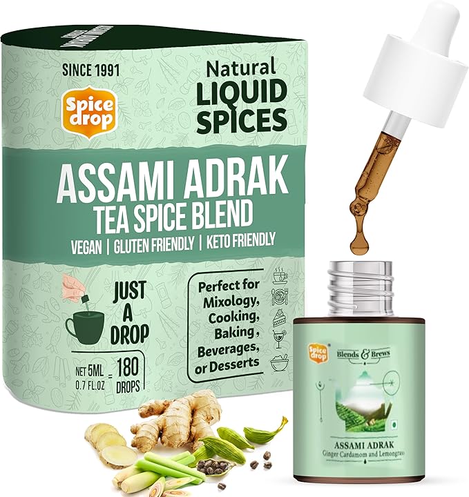 Spice Drop - Tea, Coffee, Latte | Premium Quality & Rich Aroma | Authentic Indian Spices Extract | Pure Spice Blend With No Added Color or Preservative | Unsweetened | Non-GMO | Vegan | Gluten Free| 0.17 Oz | Upto 180 Cups (Assami Adrak, Pack of 1)