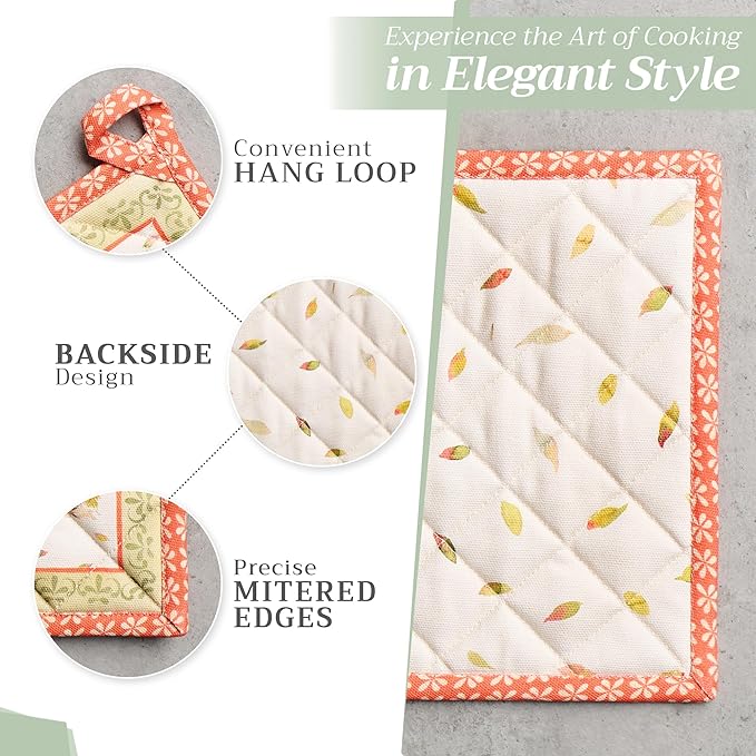 Maison d' Hermine 100% Cotton Oven Mitt & Pot Holder Set (7.5"x13" & 8"x8") Heat Resistant BBQ Cooking Gloves with Loop, Baking, Grilling, Kitchen, Handling Hot Pans (Pumpkin Passion)