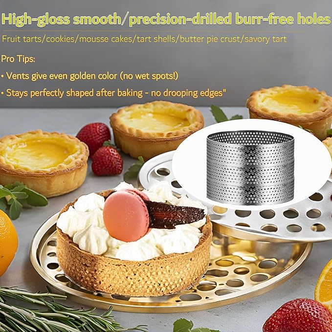8Packs Perforated Tart Rings 4 Inch Stainless Steel Perforated Cake Rings, Round Tart Ring Molds for Cookies, fruit tarts, Prevent Soggy Crust & Even Baking
