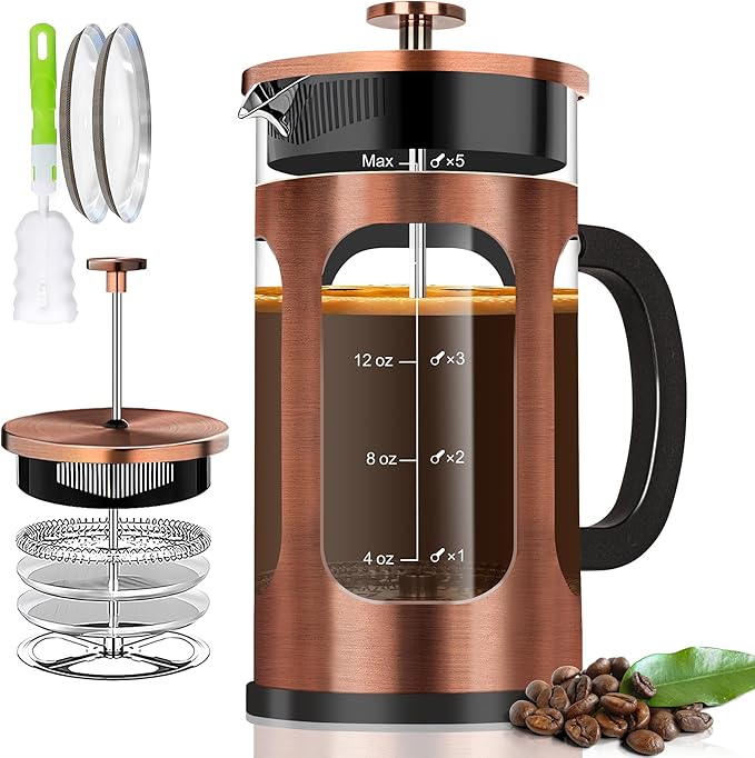 French Press Coffee Maker (21oz 600ML 3-4Cup) Coffee Press, with 4 Filters System, Heat Resistant Thickness Borosilicate Glass, Cold Brew Coffee Tea Pot Gifts (Copper)