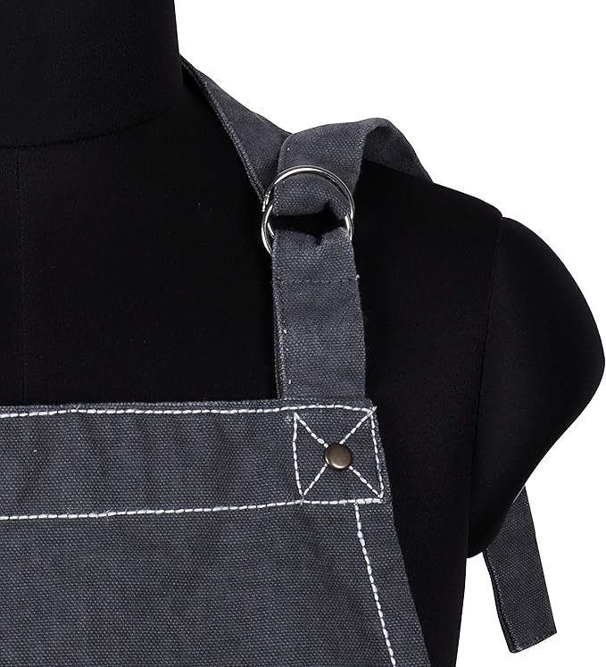 AMOUR INFINI Cotton Solid Aprons for Women with Pocket, Adjustable Strap and Waist Ties Washed Chef Aprons for Cooking, Baking and Gardening (27.5 x 33 Inches - Gray)