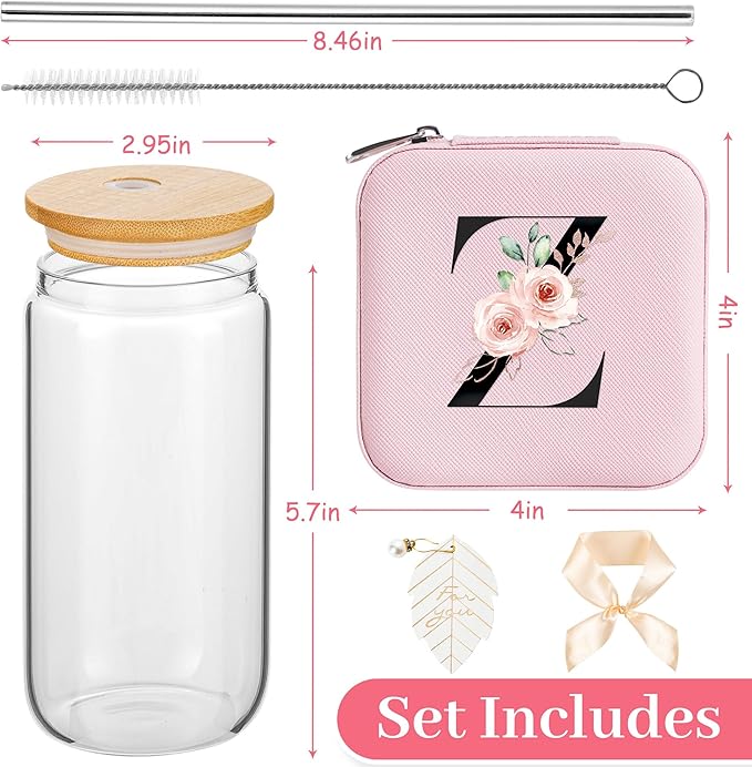 AYGXU glass cups with lids and straws,Tumblers with Brushes,Small Jewelry Organizer Box,Birthday Gifts for Women,Travel Gifts for Girls,high school graduation gifts for her,Initial Z pink