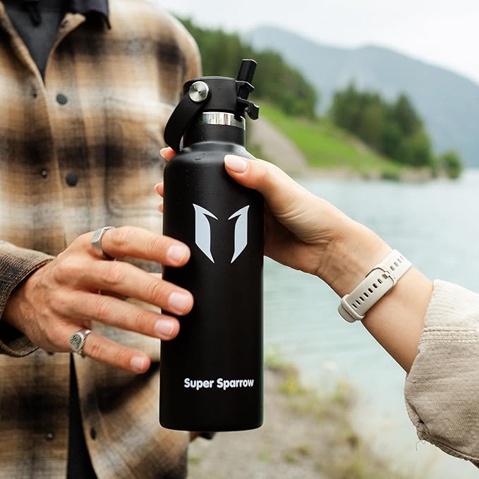 Super Sparrow Insulated Water Bottle - 17 Oz / 25 Oz / 32 Oz - Standard Mouth FlipFlow Flask - BPA Free, Leak Proof Drink Bottle- Ergonomic Straw Water Bottles for Work, Gym, Travel, Sports