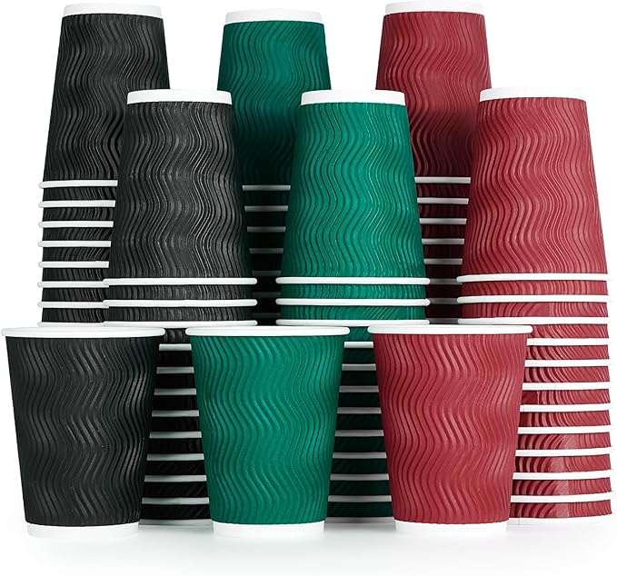 MUCHII 12 oz Paper Coffee Cups, 120 Count Multicolor Disposable Insulated Ripple Paper Cups for Tea Hot Chocolate
