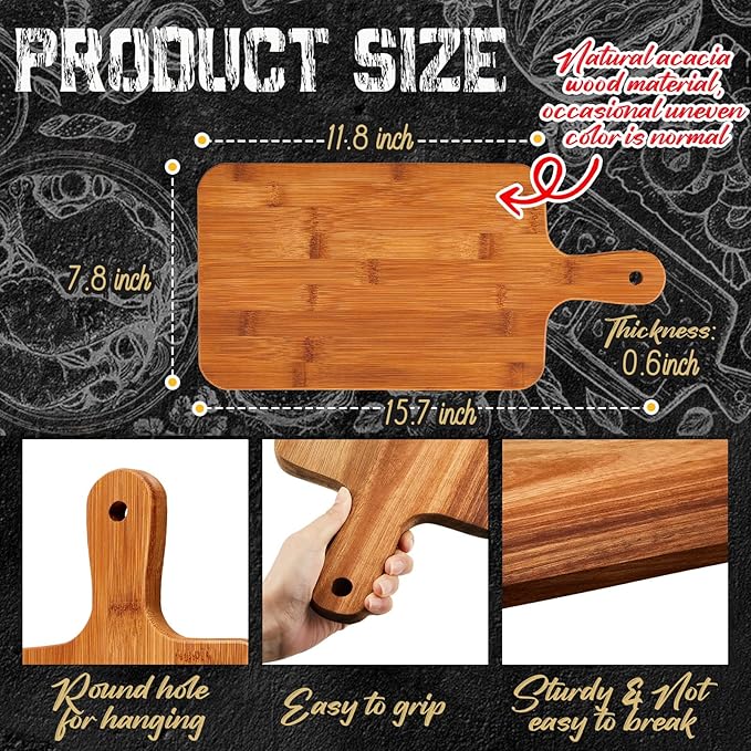 Nuenen 10 Pcs Wood Cutting Board with Handle 15.7 x 7.8 Inch Acacia Bamboo Wooden Serving Kitchen Chopping Boards for Pizza, Bread, Cheese, Charcuterie, Fruit, Vegetables (Carbonized Bamboo)
