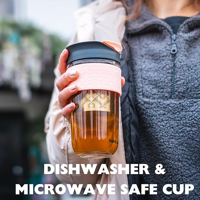 Large Travel Mug Loose Tea Infuser - Detachable Tea Strainer with Spill Proof Lid - 18oz/530ml BPA-Free Reusable Glass Travel Coffee Cup with Silicone Band (Pink) (Grey and Pink)