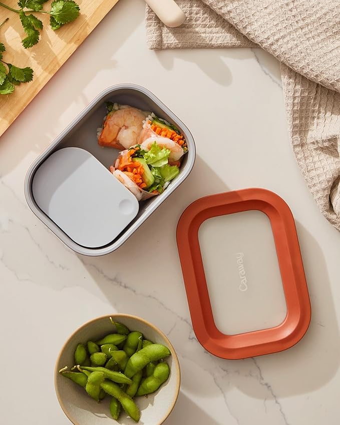 Caraway 2pc Glass Food Storage Set - 2.6 Cup Food Containers (2) - Non-Toxic Ceramic-Coated Glass - Air Release Technology - Compact & Stackable Design - Sage