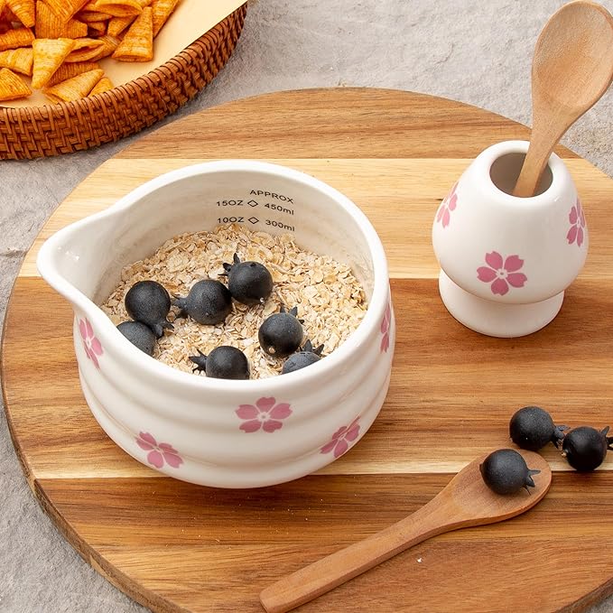 2pcs Matcha Bowl with Whisk Holder, Ceramic Cherry Blossom Matcha Bowl with Spout, 16.5OZ Porcelain Bowl with Measurement Marks,Tea Mixing Bowl with Whisk Stand, Matcha Gift (sakura)
