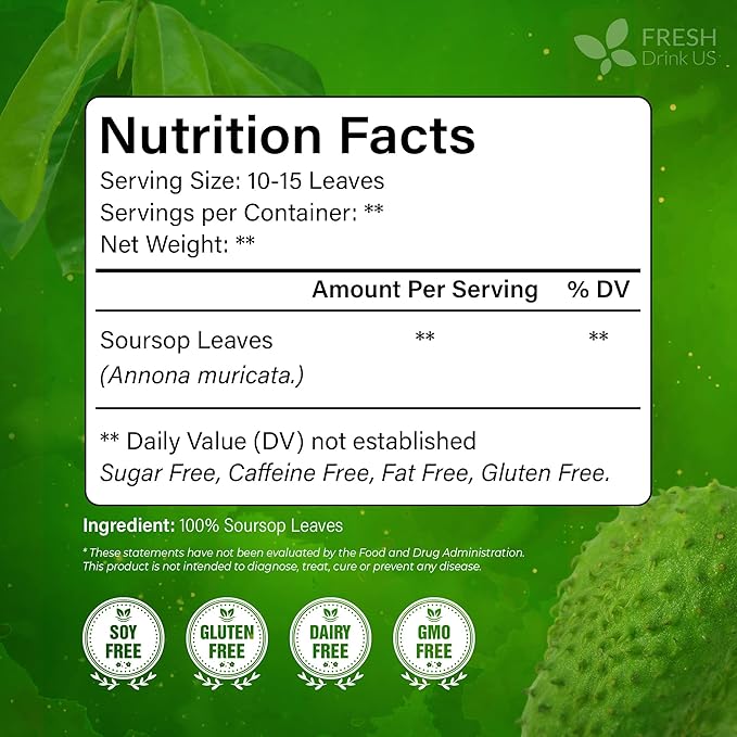 FreshDrinkUS, 120+ Premium Soursop Graviola Dried Leaves Tea, 40 Cups, 120-130 Natural Leaves, Whole Leaves, Wildcrafted, Graviola, Hoja Guanabana, Soursop Loose Leaf Herbal Tea, No Gluten, Vegan