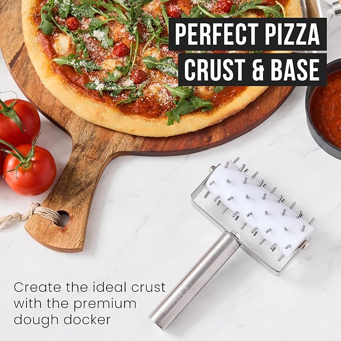 Chef Pomodoro Stainless Steel Pizza Dough Docker Roller (21 x 14.5 cm, Spike Length 7 mm) - Essential Kitchen Tool for Crackers Chef Pomodoro Stainless Steel Pizza Dough Roller