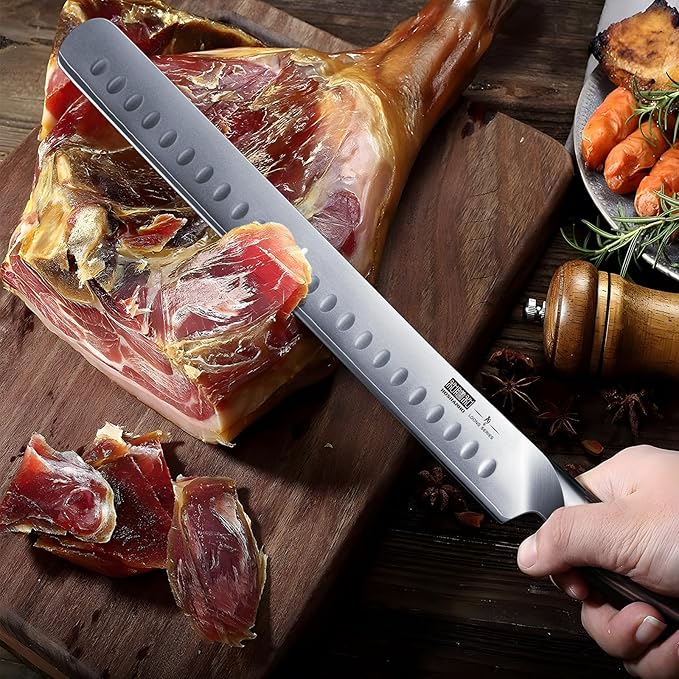 Carving Knife 12 Inch, Japanese High Carbon Steel Slicing Knife with Ergonomic Pakkawood Handle, Razor Sharp Brisket Knives for Meat Cutting, BBQ, Turkey