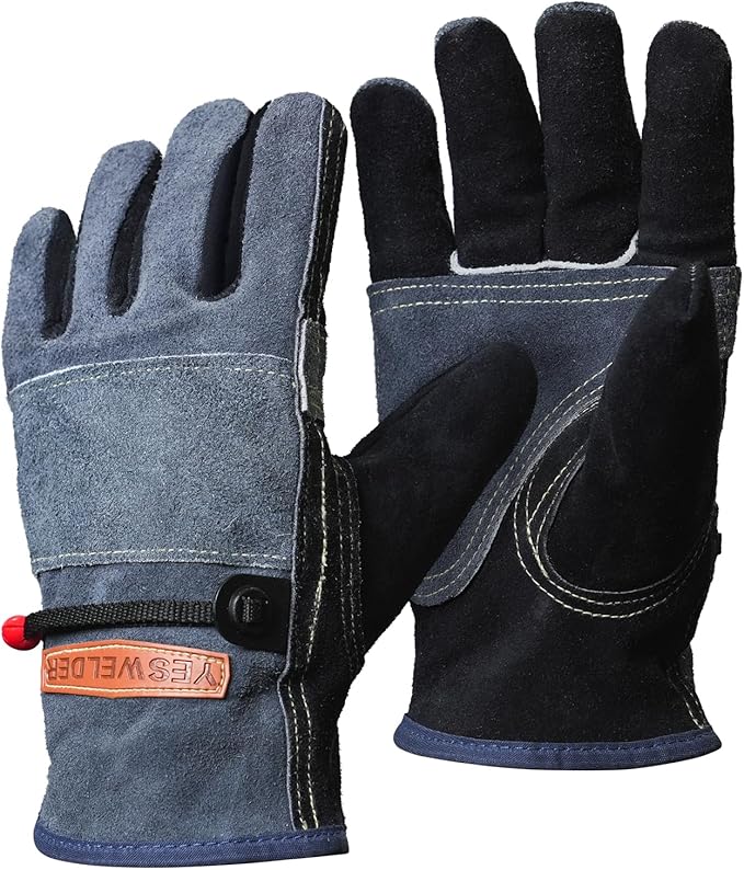 YESWELDER Leather Work Gloves for Men or Women，Suitable for welding | gardening |construction etc. Cowhide leather with cotton lining, wrist closure, grippy and durable.Reinforced palm,Black-gray M