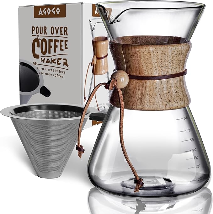 AGOGO Pour Over Coffee Maker Glass - 6/8/10 Cup Barista Kit with 304 Stainless Filter for Home, Office, Camping, Cafes - Easy Clean Coffee Dripper Set (Rag&Brush Included) (8 Cup/28 oz-Slim Shape)