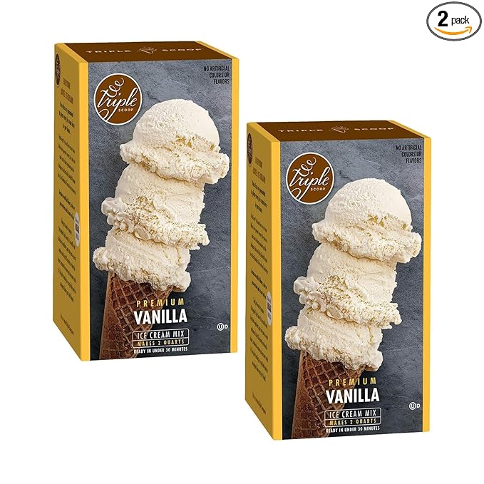 Triple Scoop - Premium Vanilla (2) Ice Cream Mix For Ice Cream Maker. Simple, Easy, Delicious. From Gourmet Mix To Maker in 5 Minutes, Makes 2 Creamy Quarts. Made in USA. (2 Pack, Vanilla)