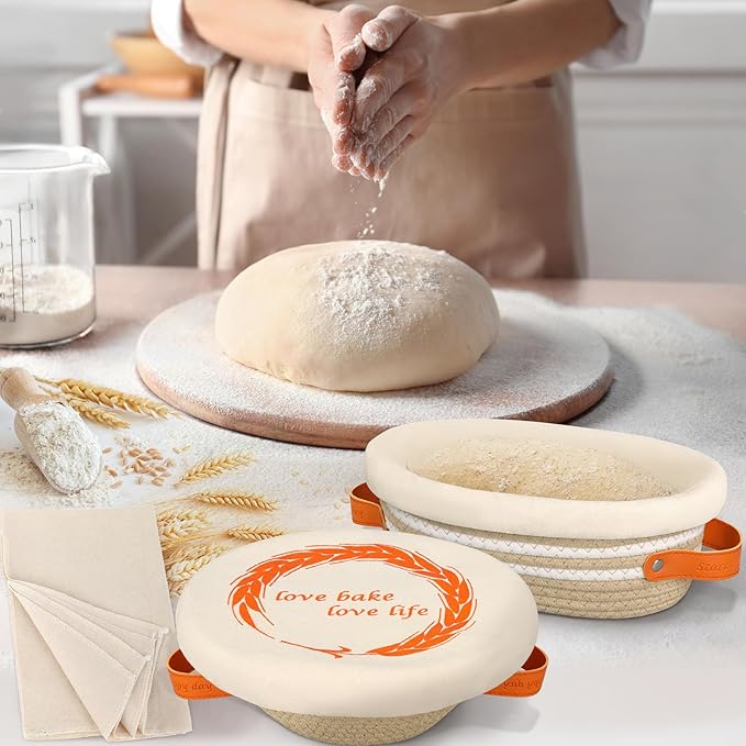 HASHMUST Banneton Bread Proofing Basket Set, 9 Inch Round & 10 Inch Oval Cotton Rope Proofing Bowls with Liners Covers & 14x19 Inch Thick Baguettes Cloth, Sourdough Dough Loaves Baking Supplies Gifts