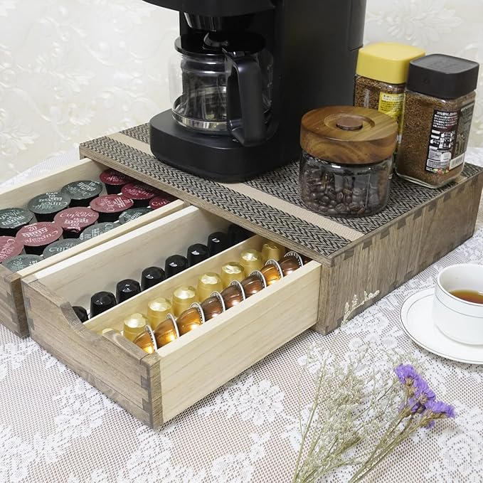 Coffee Pods Storage Drawer Holder for Capsules - Multi Functional Desk Organizer Drawers For K-Cup Coffee Maker Brew - Kitchen Mini Wooden Box Chest Sideboard Counter Organization CF1D2C Dark