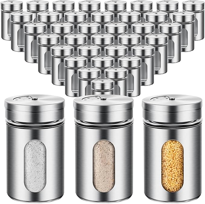 Dandat 36 Pcs Salt and Pepper Shakers Stainless Steel Spice Shakers with Adjustable Pour Holes and Glass Window 3.4oz Salt Dispenser Spice Jars with Rotating Lids for Sugar Seasoning Home