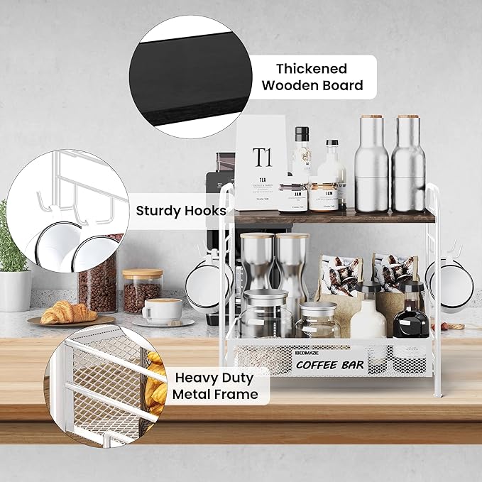 Coffee Bar Organizer for Countertop Station, Simple Assembly 2 Tier Shelf for Home,Office, Coffee Cup Holder Storage Organization for Counter Accessory Storage Rack with 4 Hooks Space-Saving
