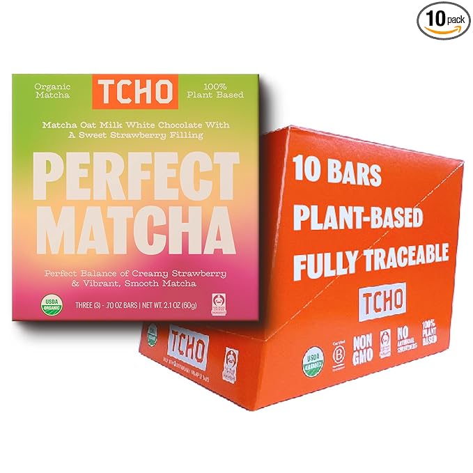 TCHO Perfect Matcha Chocolate Bar 10 Pack - Organic Oat Milk Chocolate with Matcha Shell and Strawberry Filling - Plant-Based Non-GMO Matcha Snacks