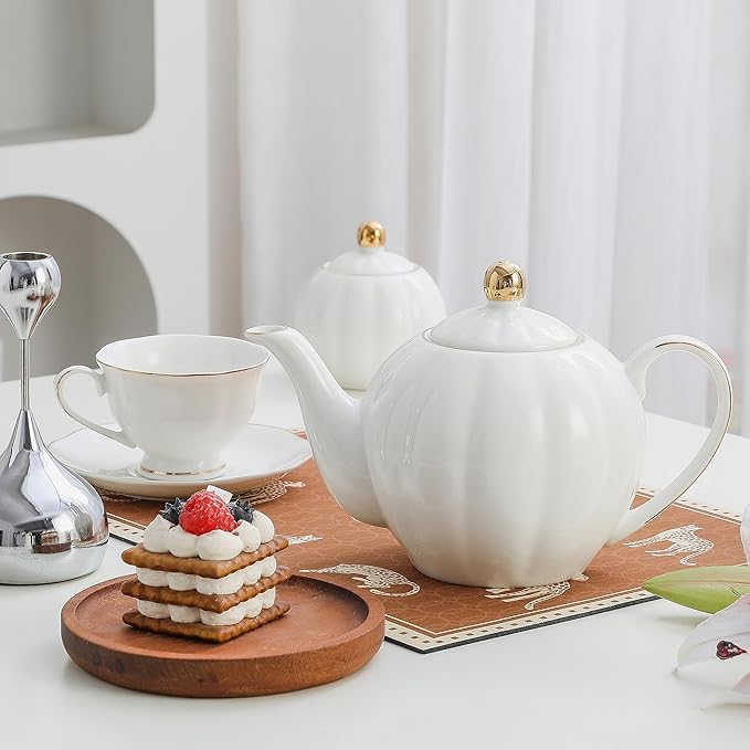 36oz White Porcelain Teapot with Gold Trim, Large Ceramic Teapot for Loose Leaf Tea & Tea Bags, Elegant Tea Party, Gift for Tea Lovers, Classic Design