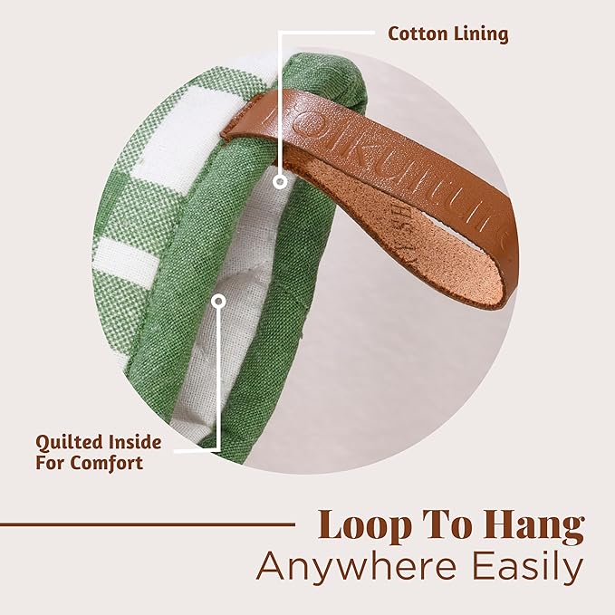 Folkulture Mini Oven Mitts Heat Resistant | (5.75 x9) Set of 2 Short Green Oven Mitts with Hanging Loop | 100% Cotton Oven Gloves or Kitchen Mittens | Small Oven Mitt Set or Green Silicone Oven Mit