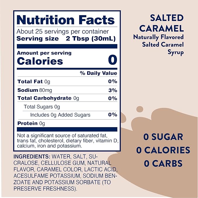 Jordan's Skinny Syrups Sugar Free Coffee Syrup, Salted Caramel Flavor Drink Mix, Zero Calorie Flavoring for Chai Latte, Protein Shake, Food & More, Gluten Free, Keto Friendly, 25.4 Fl Oz, (Pack of 1)