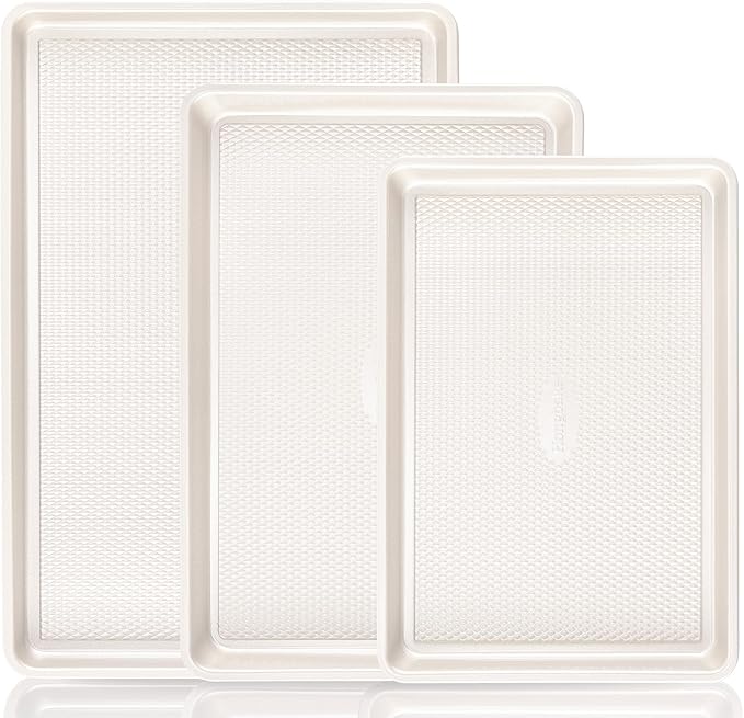HONGBAKE 3 Pack Nonstick Ceramic Baking Sheet Pan Set for Oven, Non-Toxic Half/Quarter/Jelly Roll Pans with Diamond Texture, Heavy Duty 0.8mm Thick Aluminized Steel Cookie Trays for Cooking, Cream