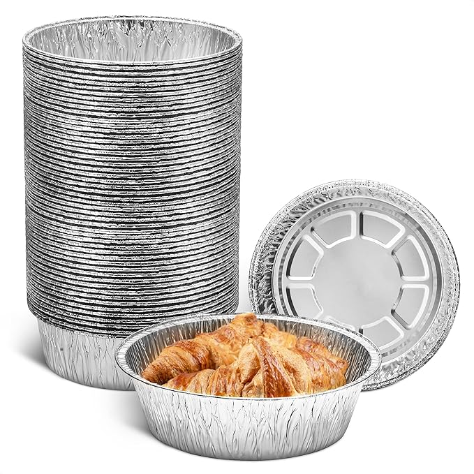 Round Foil Cake Pans – 50 Pack 6-Inch Reusable Aluminum Baking Pans | Stackable, Durable & Grease-Resistant | Great for Tarts, Baking, Cheesecakes, Catering, Meal Prep, Takeout, Freezer & Storage Use