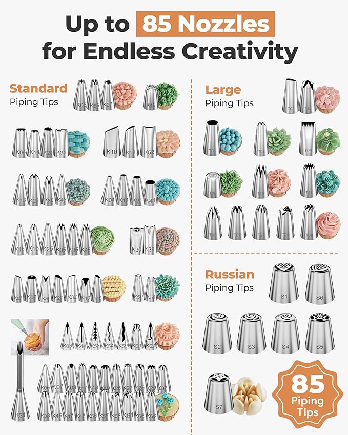 Kootek 140Pcs Icing Piping Bags and Tips Set, Frosting Piping Kit with 78 Numbered Icing Tips, 7 Russian Tip, 42 Pastry Bags 12 Inch, 5 Couplers, 4 Bag Ties for Cake Decorating, Cupcake, Baking