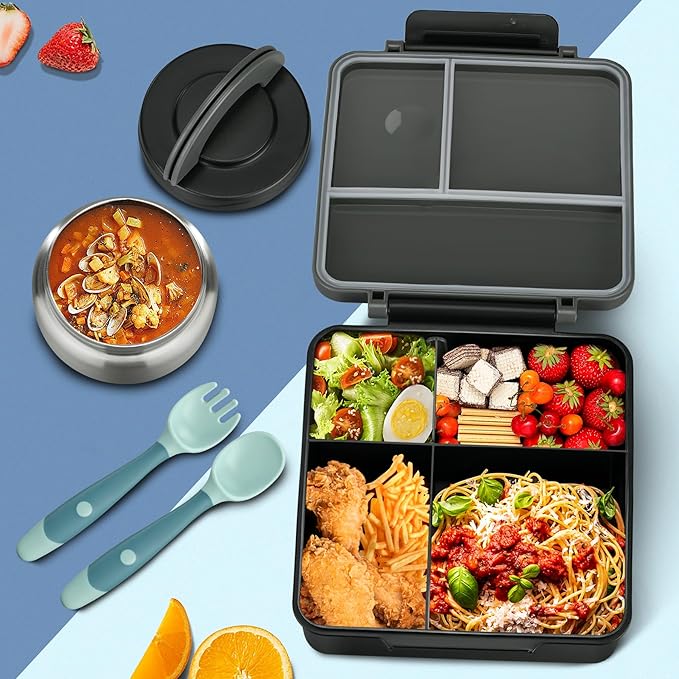 Bento Lunch Box for Kids with 8oz Soup Thermo&Lunch Bag, Leak-Proof Lunch Food Containers with 4 Compartment, Hot Food Insulated Food Jar for Kids School (Black)