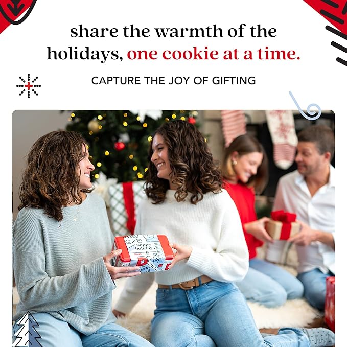 David's Cookies Happy Holidays Mini Cookies in Sweet Sampler Tin - Assorted Mini Christmas Cookies with Chocolate & White Chocolate Chip and Red Velvet - Gourmet Cookie Gift Basket for Christmas 14oz