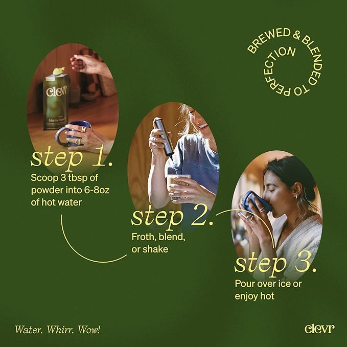 Clevr Blends Organic Honey Vanilla Matcha SuperLatte, Instant Ceremonial Grade, Superfood Powder Blend, Oat Milk, Lions Mane, Reishi Mushroom, Coconut Cream, Ashwagandha, Serve Hot or Iced (14 Lattes)