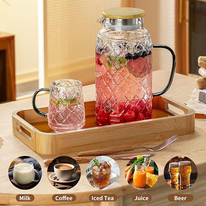 2 PACK Glass Pitcher with Bamboo Lid, 68 oz/2L Vintage Water Pitcher, Clear Borosilicate Glass Water Carafe for Cold Brew, Coffee, Lemonade, Iced Sun Tea,Beverage, Heat Resistant Water Glass Jug
