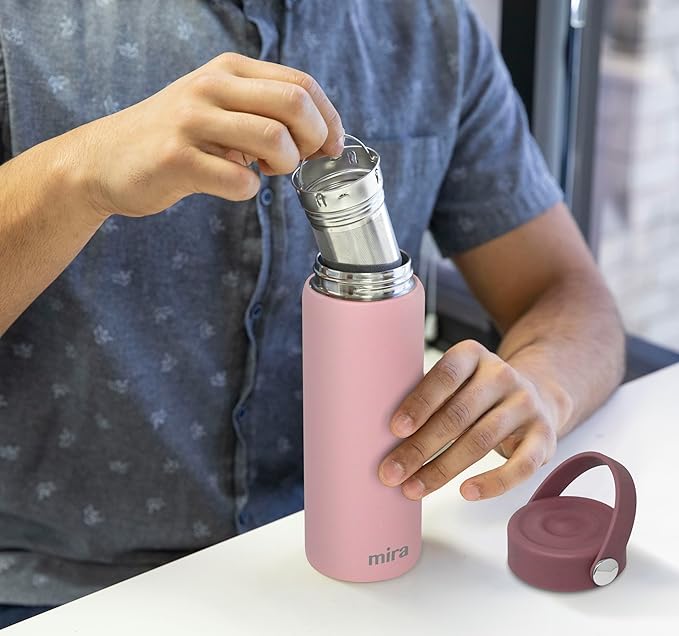 MIRA 18 oz Tea Infuser Thermos - Stainless Steel Travel Bottle with Removable Strainer for Loose Leaf Tea - Insulated Hot & Cold Brew Steeper - Punch Pink