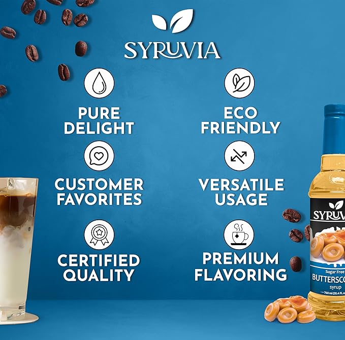 Syruvia Sugar Free Coffee Syrup, Butterscotch Flavored Syrup for Drinks, Lattes, and Desserts – 25.4 fl oz