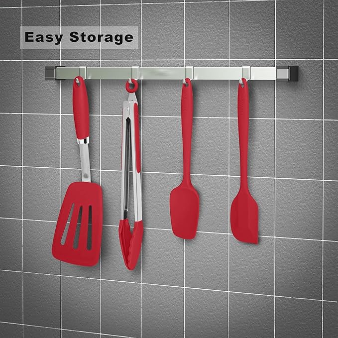 Silicone Spatulas Set Turners Tongs Cooking Utensils Set High Heat Resistant Kitchen Scraper Spatulas for Cooking Mixing Baking BPA Free Dishwasher Safe, Red