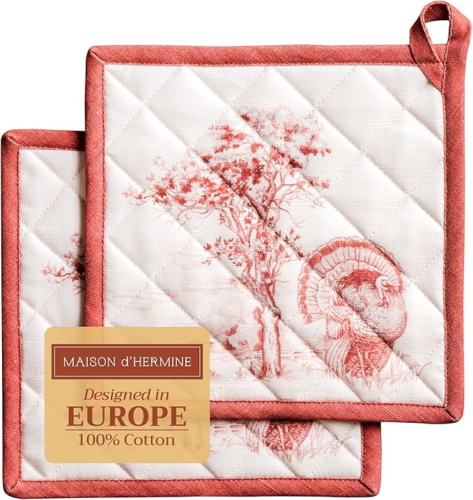 Maison d' Hermine Pot Holders Set 100% Cotton Heat Resistant Potholders 8" x 8" Hot Pads with Loop BBQ, Cooking, Baking, Grilling, Kitchen, Handling Hot Pans (Pack of 2, Holy Jouy - Red)