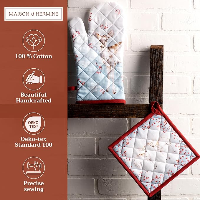Maison d' Hermine 100% Cotton Oven Mitt & Pot Holder Set (7.5"x13" & 8"x8") Heat Resistant BBQ Cooking Gloves with Loop, Baking, Grilling, Kitchen, Handling Hot Pans (Fairytale Forest)