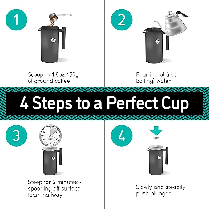 Coffee Gator French Press Coffee Maker 34oz, Double Insulated Stainless Steel Brewer plus Travel Jar Canister, Portable Hot Cold Brew for Coffee Bar Accessories Kitchen Camping, Silver