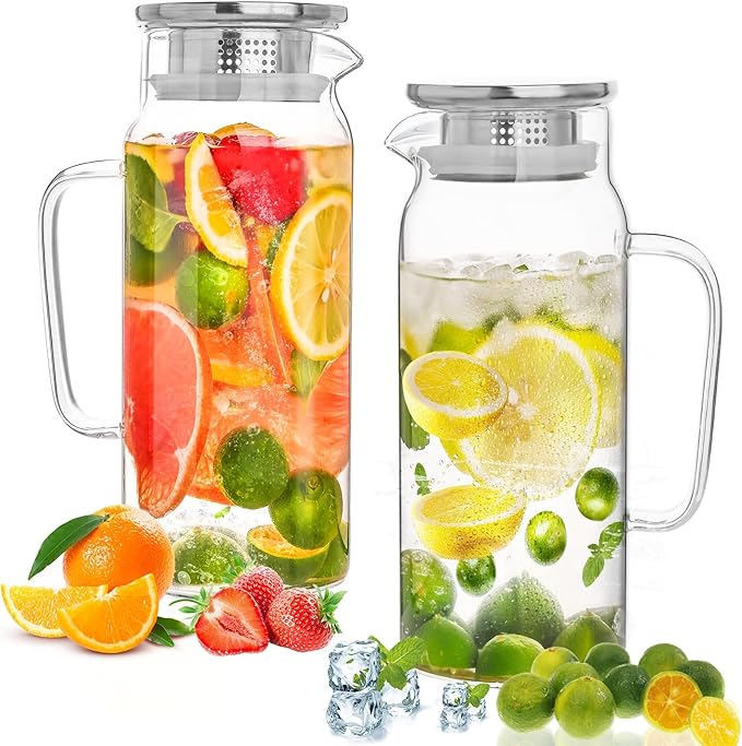 Set of 2 Glass Pitcher with Lid,2 Quart (64 oz / 1.9 Liter) Leak Proof,Glass Water Jugs, BPA-Free,Microwave & Dishwasher Safe Pitcher,Sun & Iced Tea, Sangria,Cold Brew Coffee & More