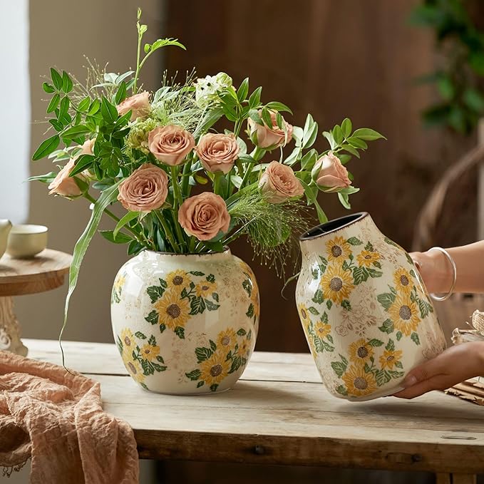 Round Pastoral Ceramic Vase, 6.3 Inch Chinoiserie Sunflower Yellow Floral Vases, Retro Ice Cracked Rustic Antique Flower Vases for Rustic Living Room Home Decor (Large Round)