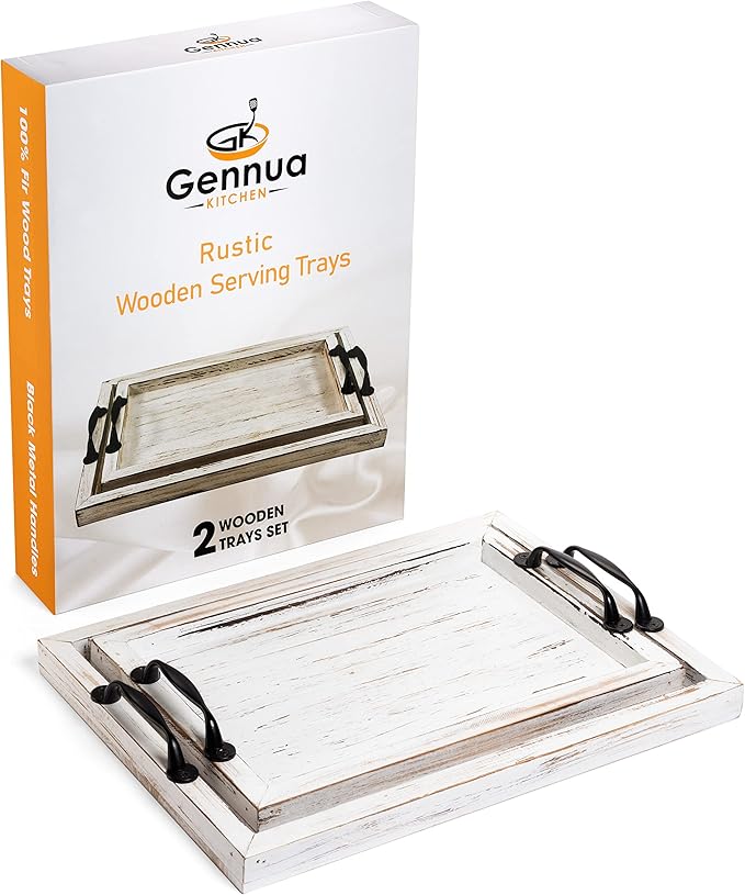 Rustic Serving Tray with Handles - 2 Nesting Trays for Serving Food - Wooden Tray for Decor, Coffee Table & Ottoman - Large Serving Tray with Distressed White Finish to Complement Any Decor