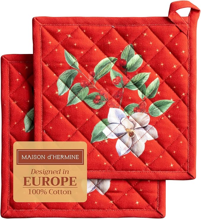 Maison d' Hermine Pot Holders Set 100% Cotton Heat Resistant Potholders 8" x 8" Hot Pads with Loop BBQ, Cooking, Baking, Grilling, Kitchen, Handling Hot Pans (Pack of 2, Noel)