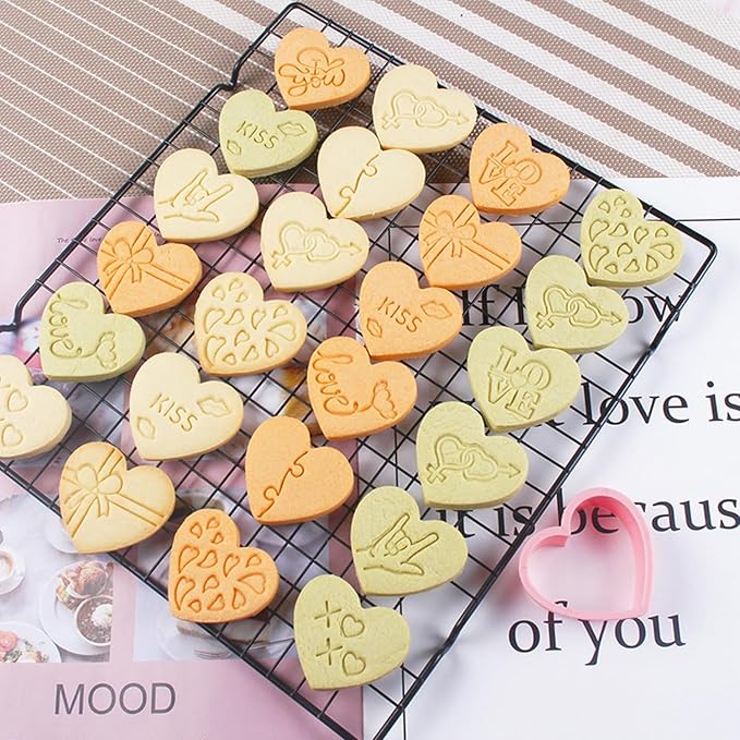 10 Pcs Heart Cookie Cutter Set, 3D Pressable Biscuit Cutter and Stamps, Valentine's Day Cookie Molds Wedding Party DIY Cake Decorating Kit (D)