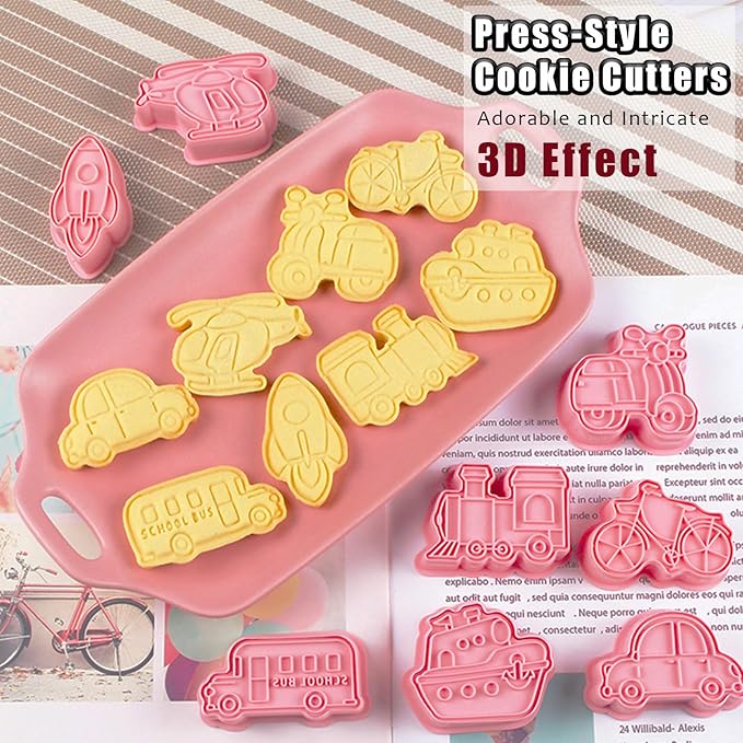 8 Pcs Transportation Vehicle Cookie Cutters Set Baking Molds 3D Transportation Vehicle Press type Cookie Cutter for Baking, Fondant, Cheese, and Pastries