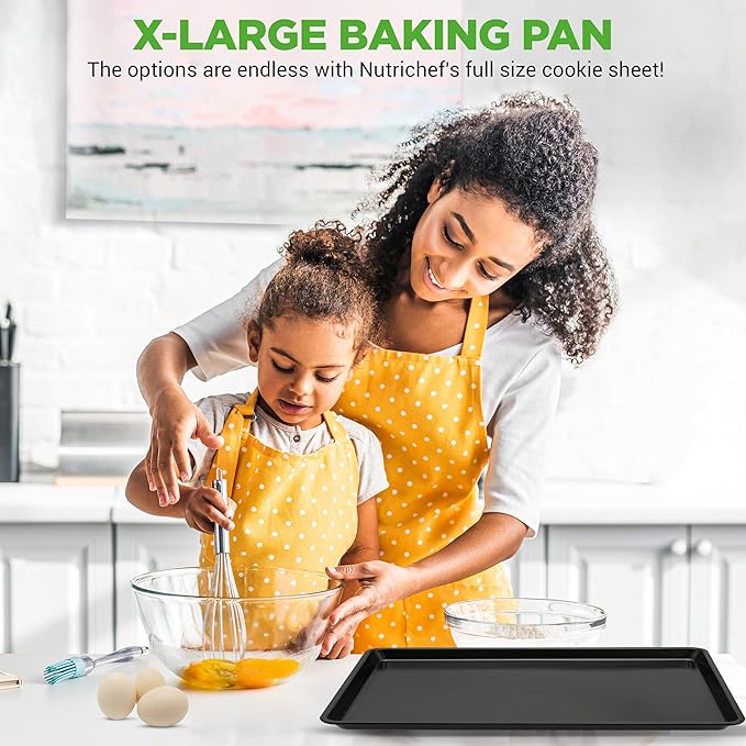 NutriChef Nonstick XL Cookie Sheet Baking Pan - Extra Large 22 Inch x 16 Inch with Raised Edges, Thick Carbon Steel Oven Baking Sheet for Jelly Rolls, Cookies, Cakes, & Pastries - Black
